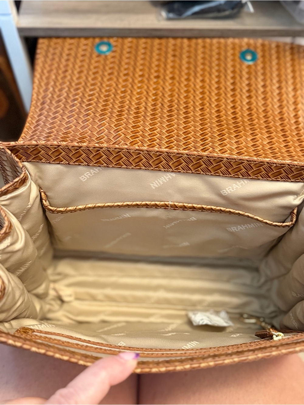 Brahmin Hallie Honey Brown Copa Cabana Palm-Print Top-Handle Sachel - Picture 3 of 5